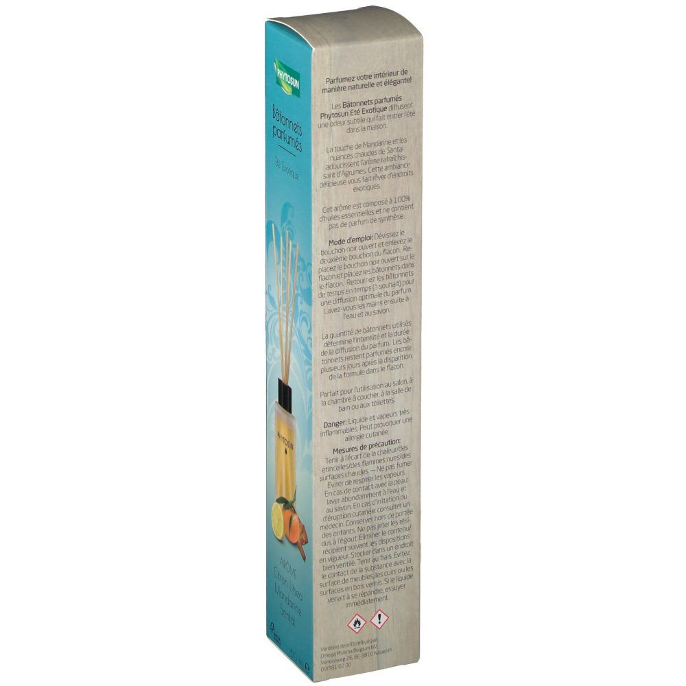 Emballage étroit avec texte. Inscription : Phytosun. Texte en plusieurs langues. Illustration de citron, mandarine et bâtonnets.