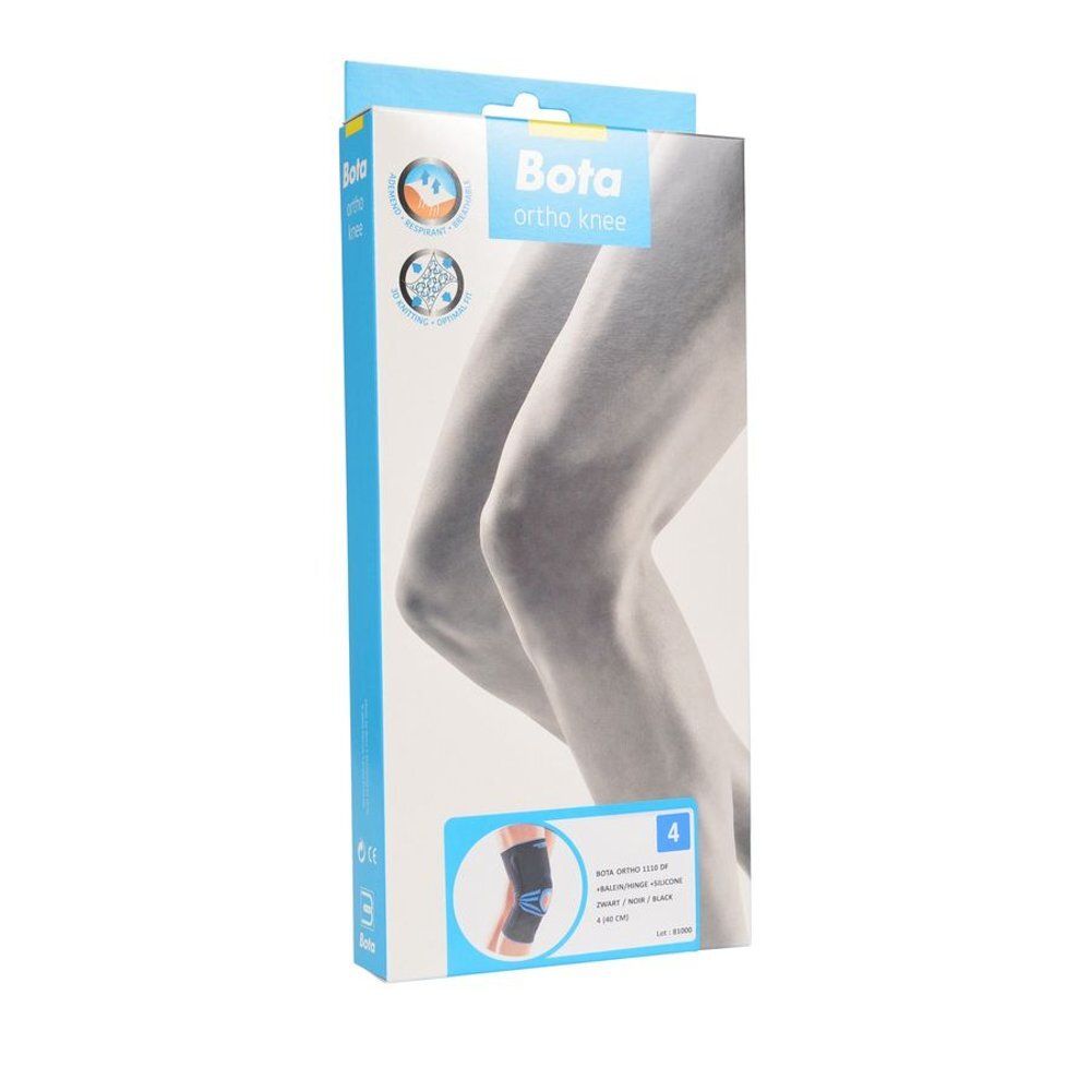 Verpakking Bota Ortho kniebrace. Blauw en wit. Maat 4. Illustratie van een knie. Productafbeelding onderaan.