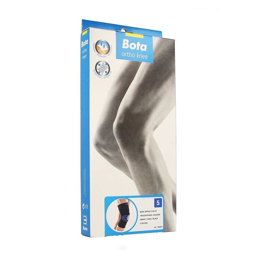 Emballage Bota Ortho genou. Attelle noire et bleue, taille 5, illustrée sur l'emballage. Illustration de jambes.