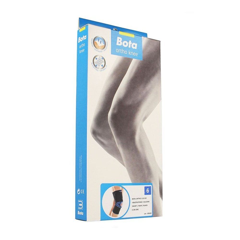 Verpakking van de Bota Ortho kniebrace. Blauw-witte doos met productafbeelding en maat 6.