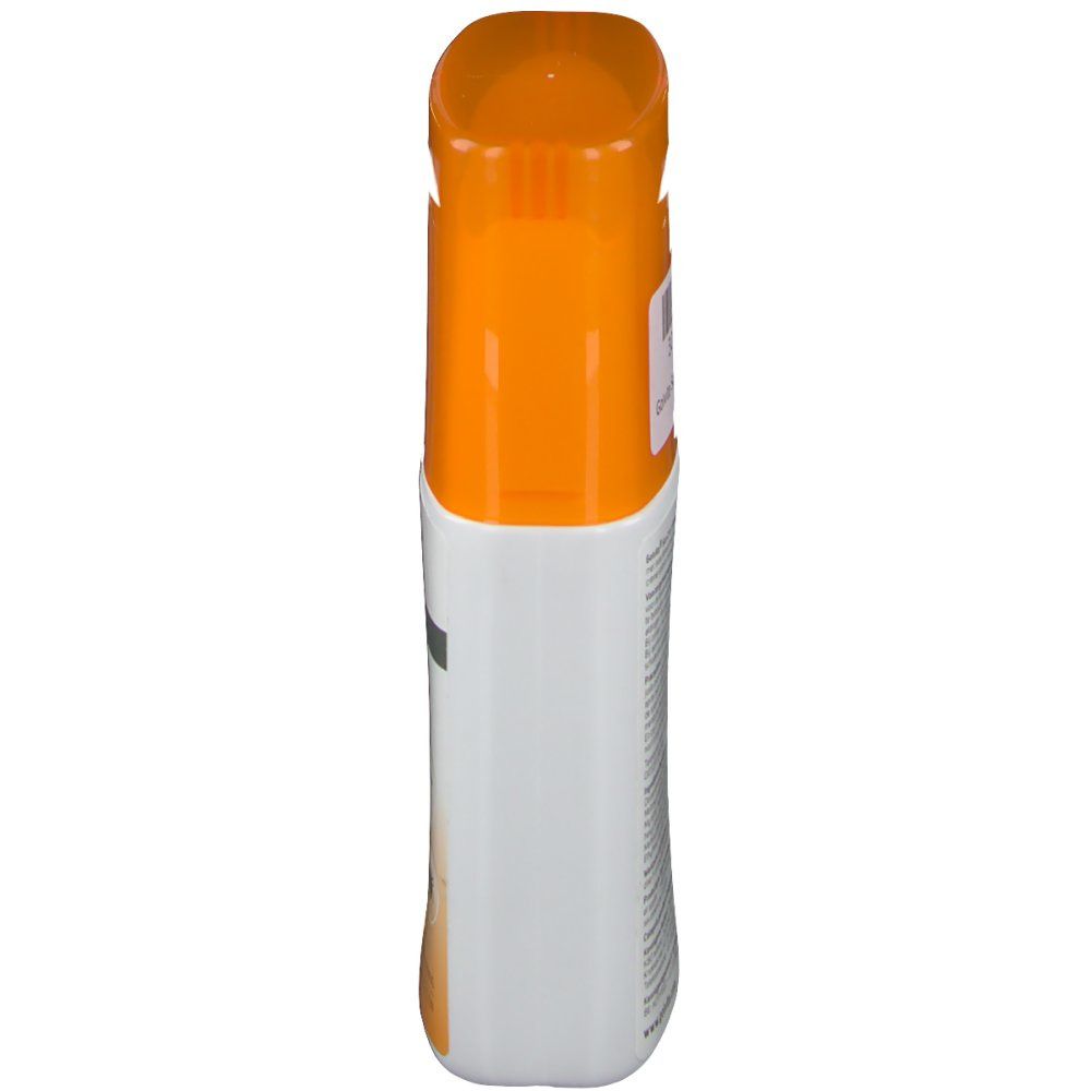 Flacon Golvita Sun 2 en 1, vue latérale. Bouchon orange, contenant blanc. Étiquette avec texte.