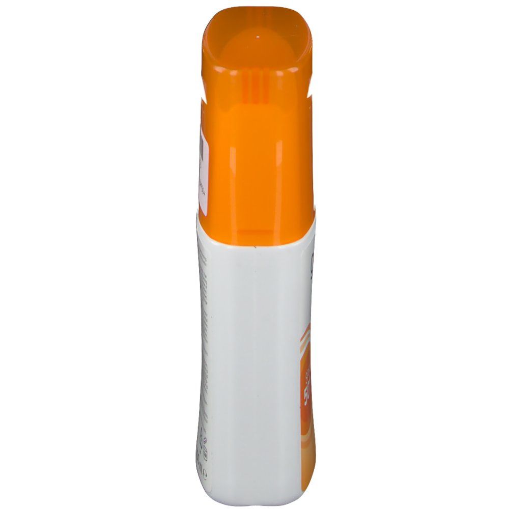 Flacon Golvita Sun 2 en 1, vue latérale. Bouchon orange, contenant blanc. Étiquette avec texte.