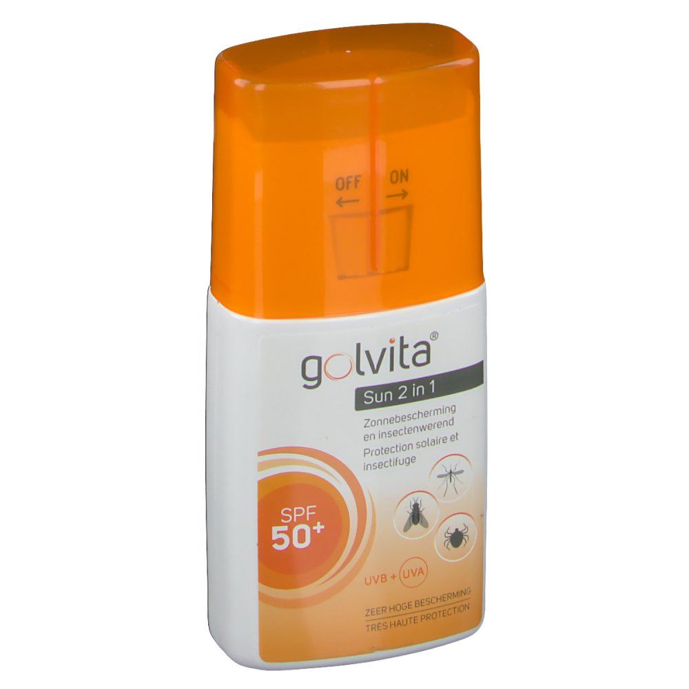 Flacon Golvita Sun 2 en 1 SPF50+. Bouchon orange, contenant blanc. Texte: Sun 2 en 1, SPF 50+, protection UV.