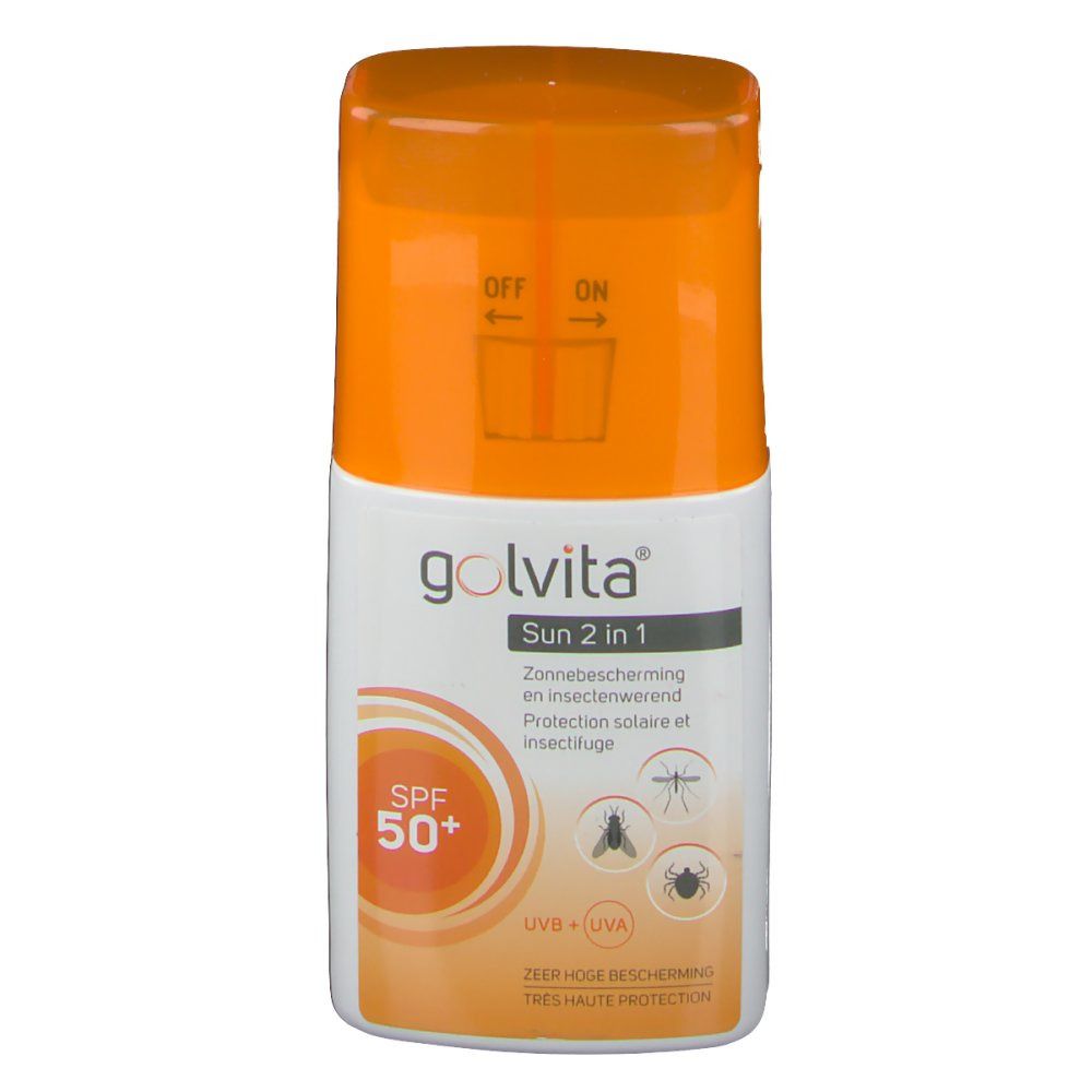 Flacon Golvita Sun 2 en 1 SPF50+. Bouchon orange, contenant blanc. Texte: Sun 2 en 1, SPF 50+, protection UV.