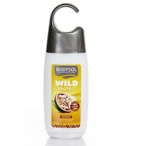 Flacon blanc avec bouchon et crochet gris. Étiquette jaune avec texte et illustration de baobab.