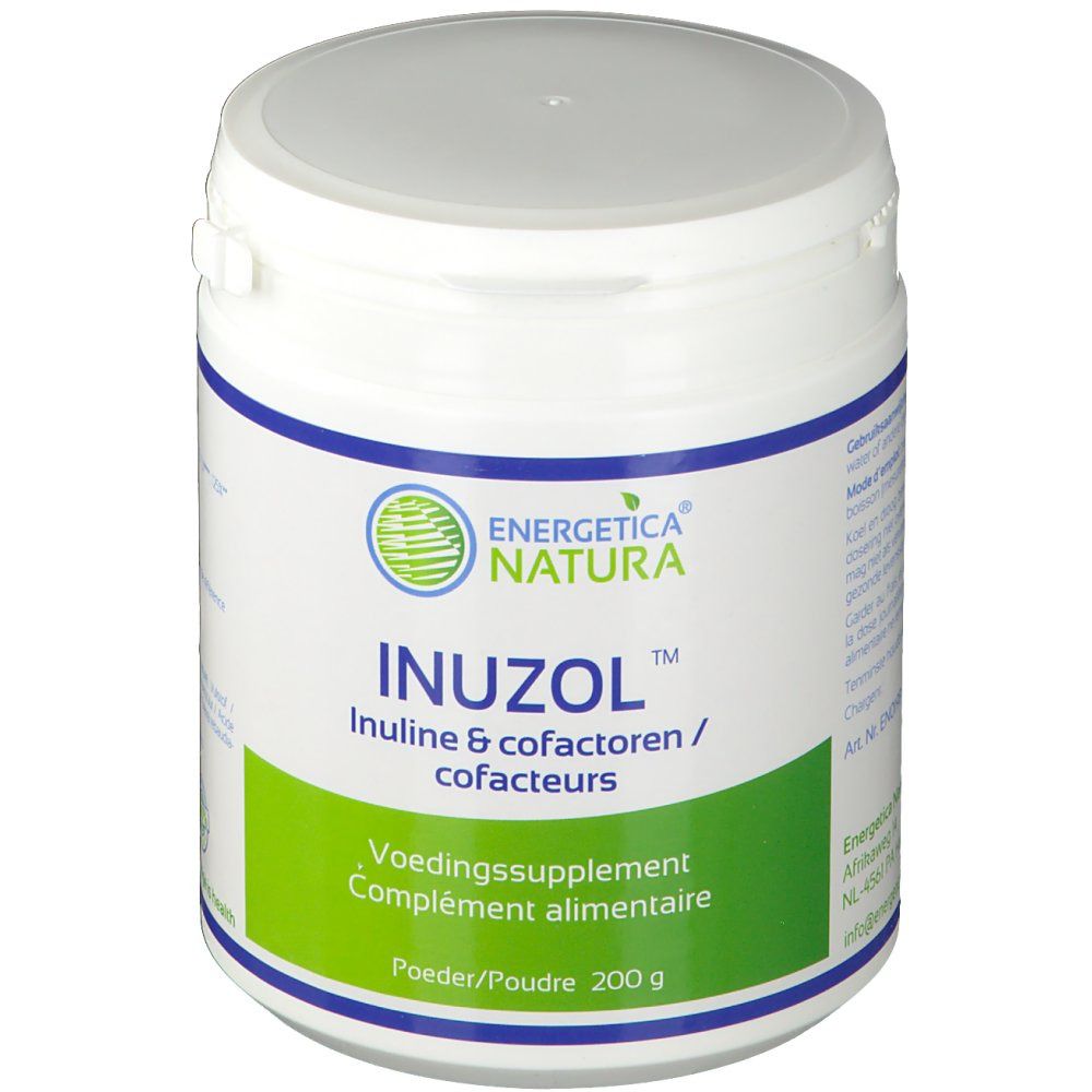 Récipient blanc avec étiquette verte et bleue. Inuzol, Inuline & cofacteurs. Complément alimentaire. 200 g.