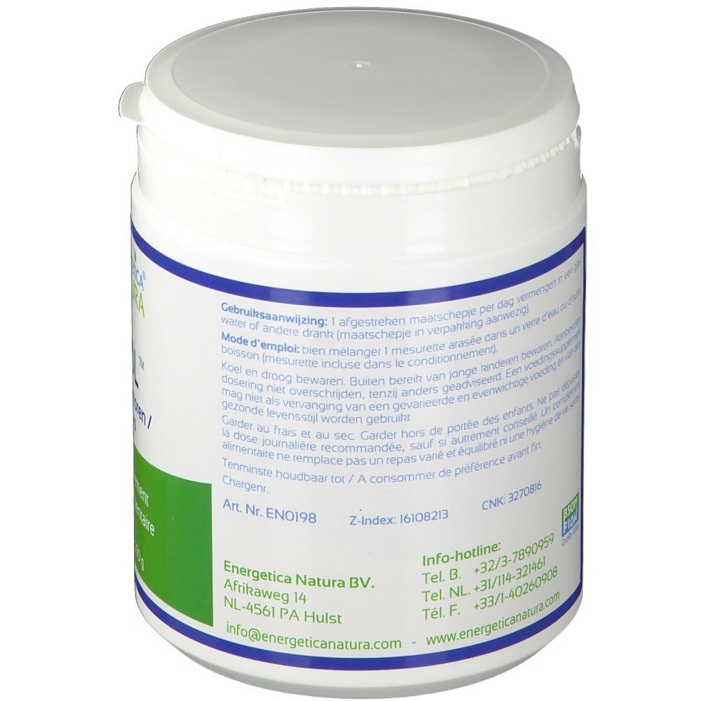 Dos du récipient blanc. Étiquette avec texte en néerlandais et français. Energetica Natura BV. Coordonnées.