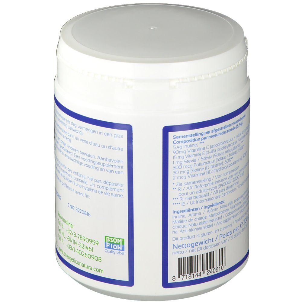 Dos du récipient blanc. Étiquette avec texte en néerlandais et français. Composition, informations nutritionnelles, numéro de lot.