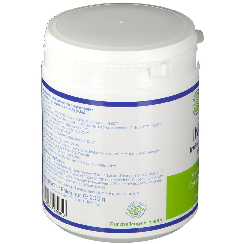 Dos du récipient blanc. Étiquette avec texte en néerlandais et français. Ingrédients, poids net 200 g, 33 portions.