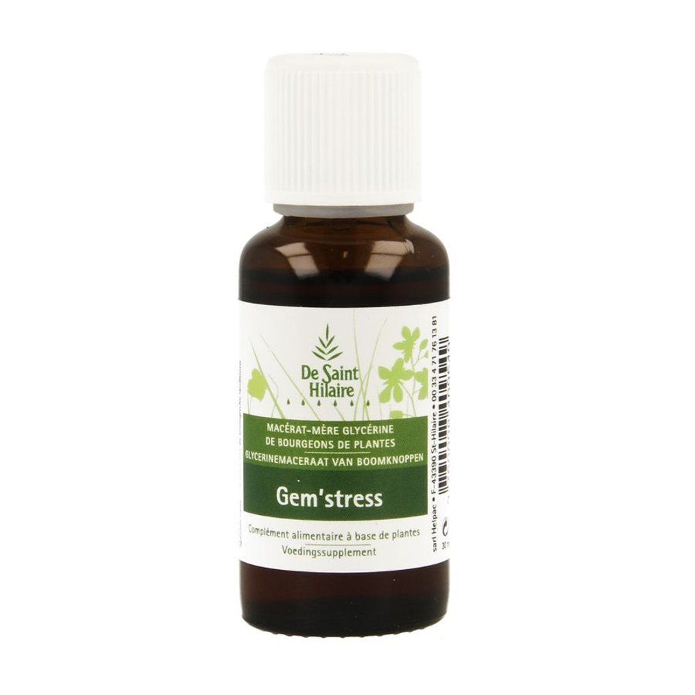 Flacon en verre brun avec bouchon blanc. Inscription: Gem'stress, De Saint-Hilaire, Macérat-mère glycériné.