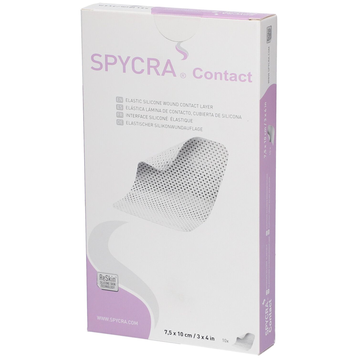 Verpakking SPYCRA Contact. Elastische siliconen wondcontactlaag. Afmeting: 7,5 x 10 cm. Productweergave.