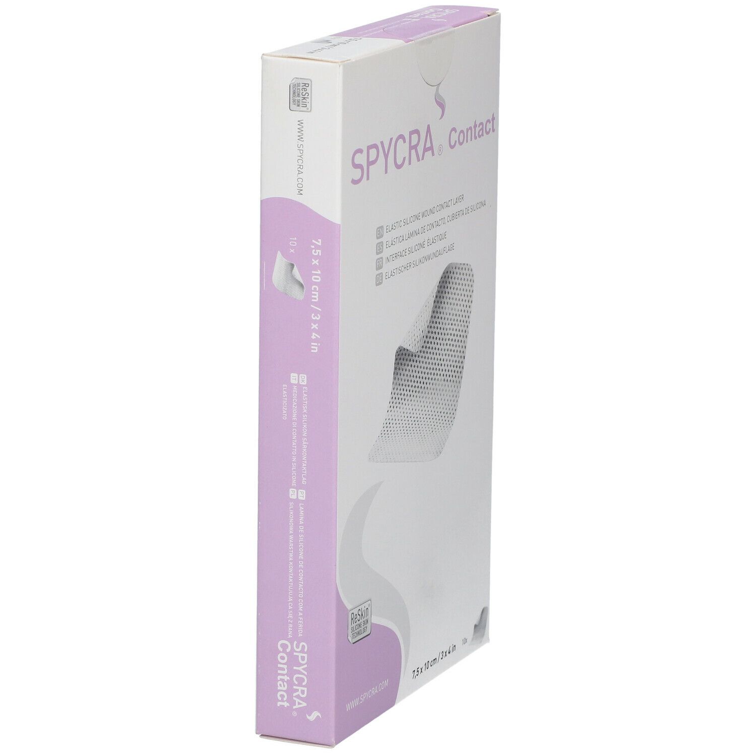 Zijaanzicht van de SPYCRA Contact verpakking. Elastische siliconen wondcontactlaag. Afmeting: 7,5 x 10 cm.