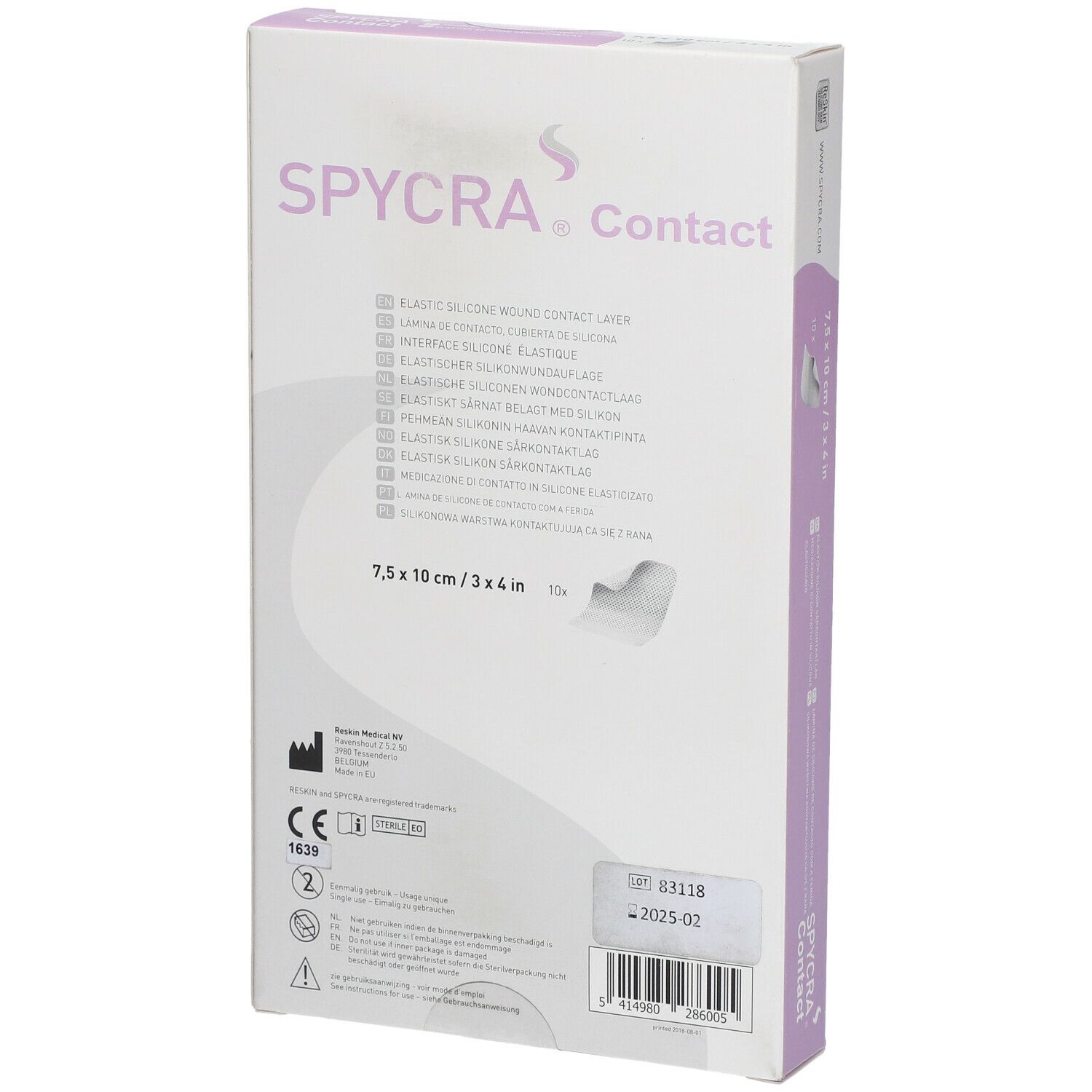 Achterkant van de SPYCRA Contact verpakking. Elastische siliconen wondcontactlaag. Afmeting: 7,5 x 10 cm. Medisch hulpmiddel.