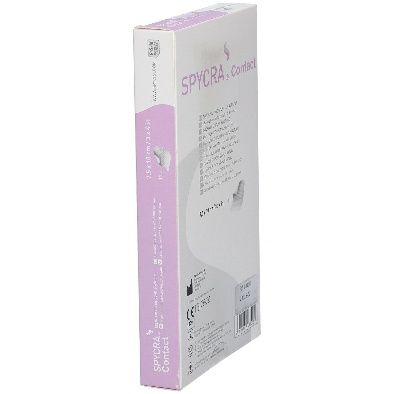 Zijaanzicht van de SPYCRA Contact verpakking. Elastische siliconen wondcontactlaag. Afmeting: 7,5 x 10 cm. Medisch hulpmiddel.