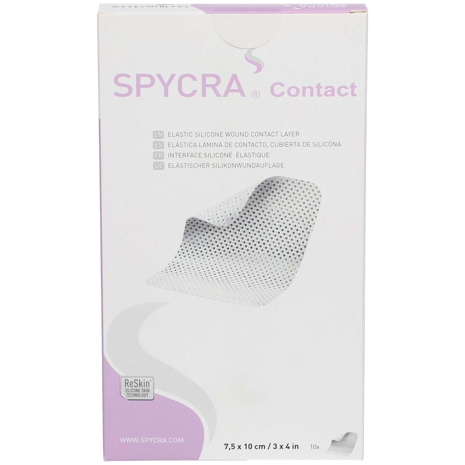SPYCRA Contact verpakking. Elastische siliconen wondcontactlaag. Afmeting: 7,5 x 10 cm. Productweergave.