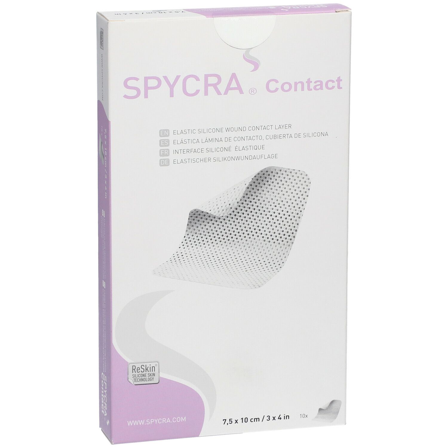 SPYCRA Contact verpakking. Elastische siliconen wondcontactlaag. Afmeting: 7,5 x 10 cm. Productweergave.