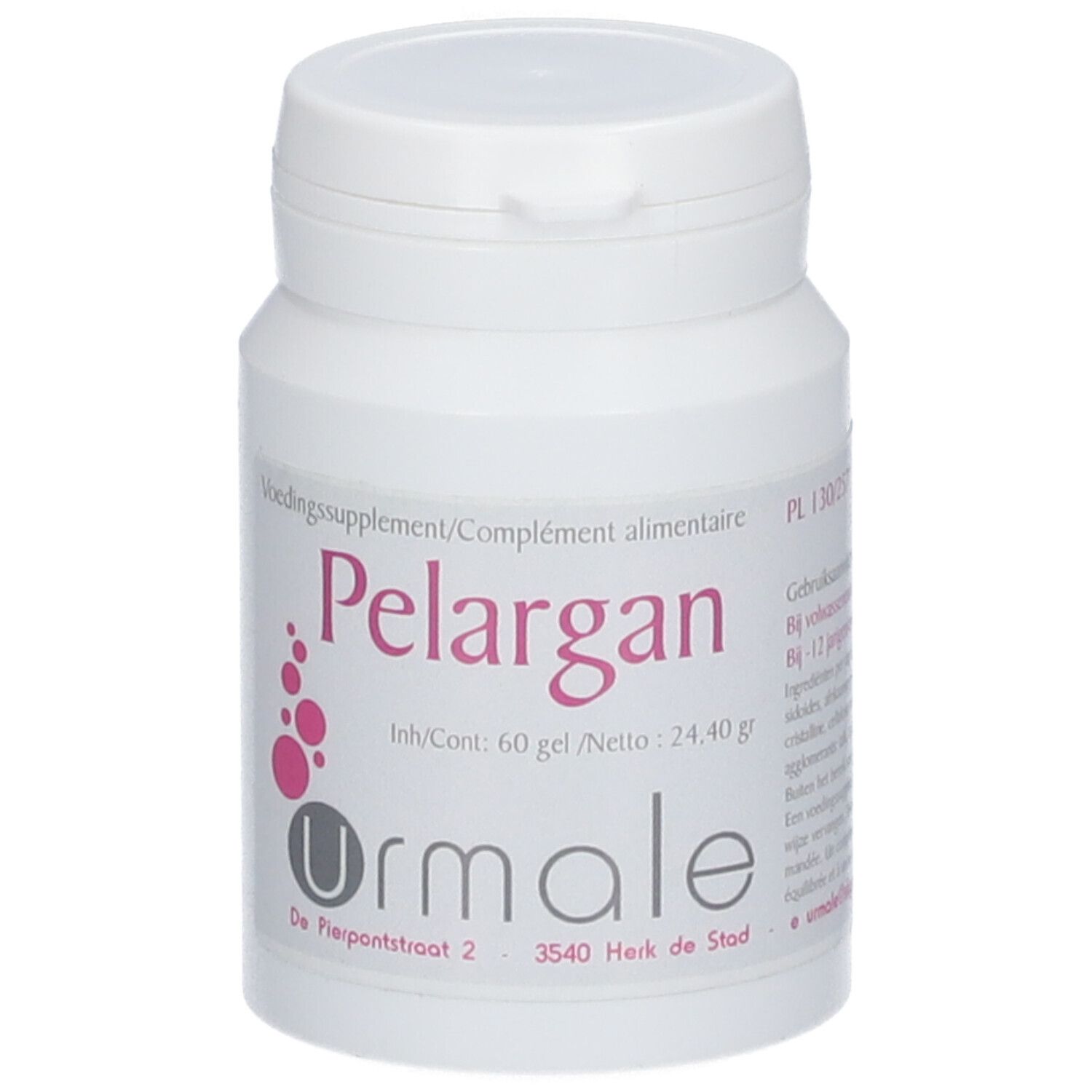Pot blanc avec étiquette indiquant Pelargan, 60 gélules et Ormale.