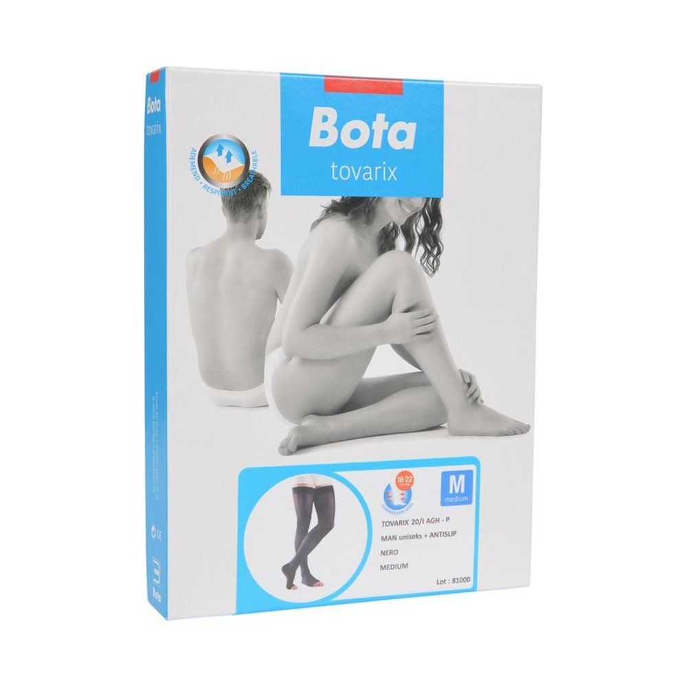Verpakking van Bota Tovarix. Witte doos met blauwe en rode accenten. Afbeelding van kousen.