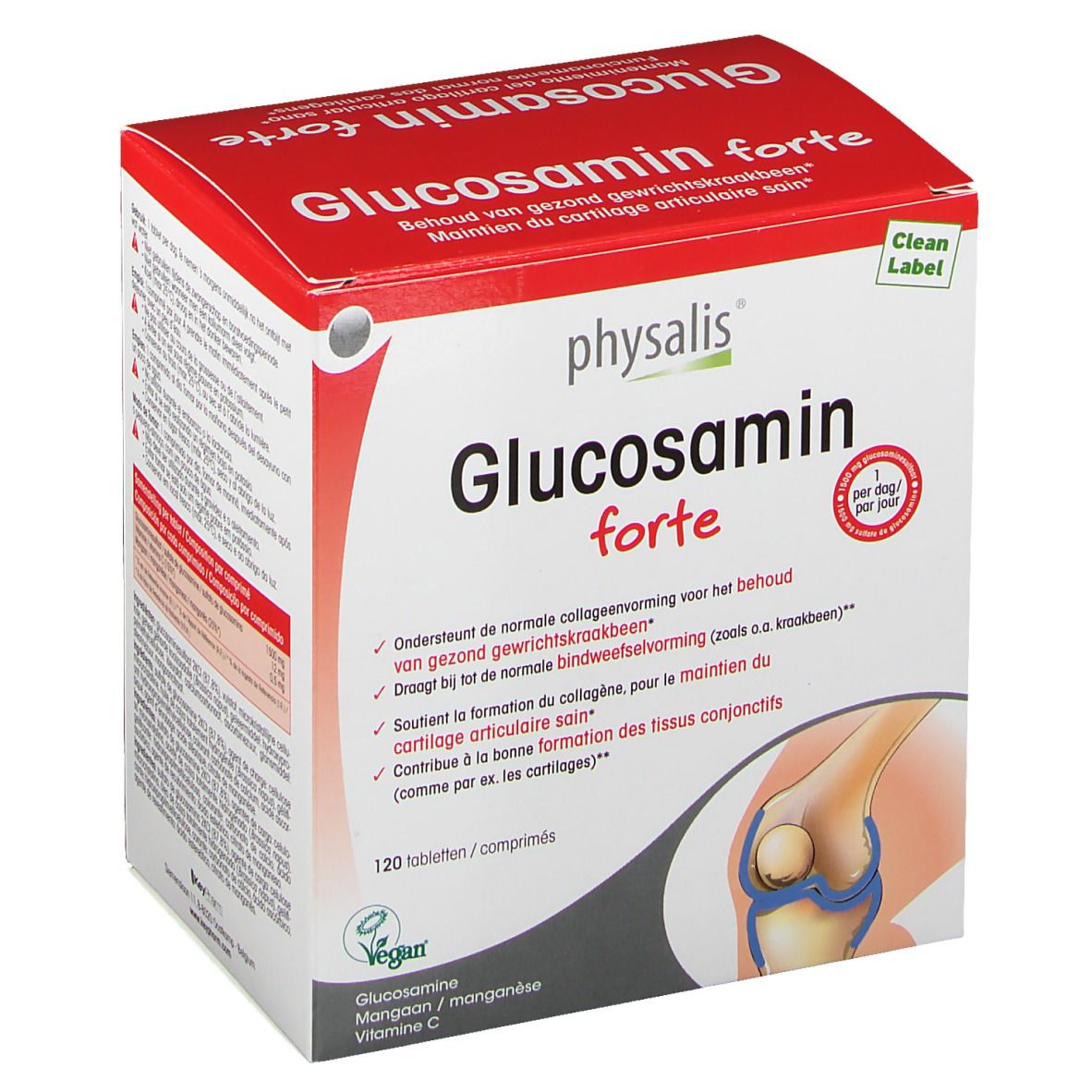 Boîte Keypharm Glucosamin forte. Emballage rouge et blanc avec nom et logo du produit. 120 comprimés. Label Vegan.
