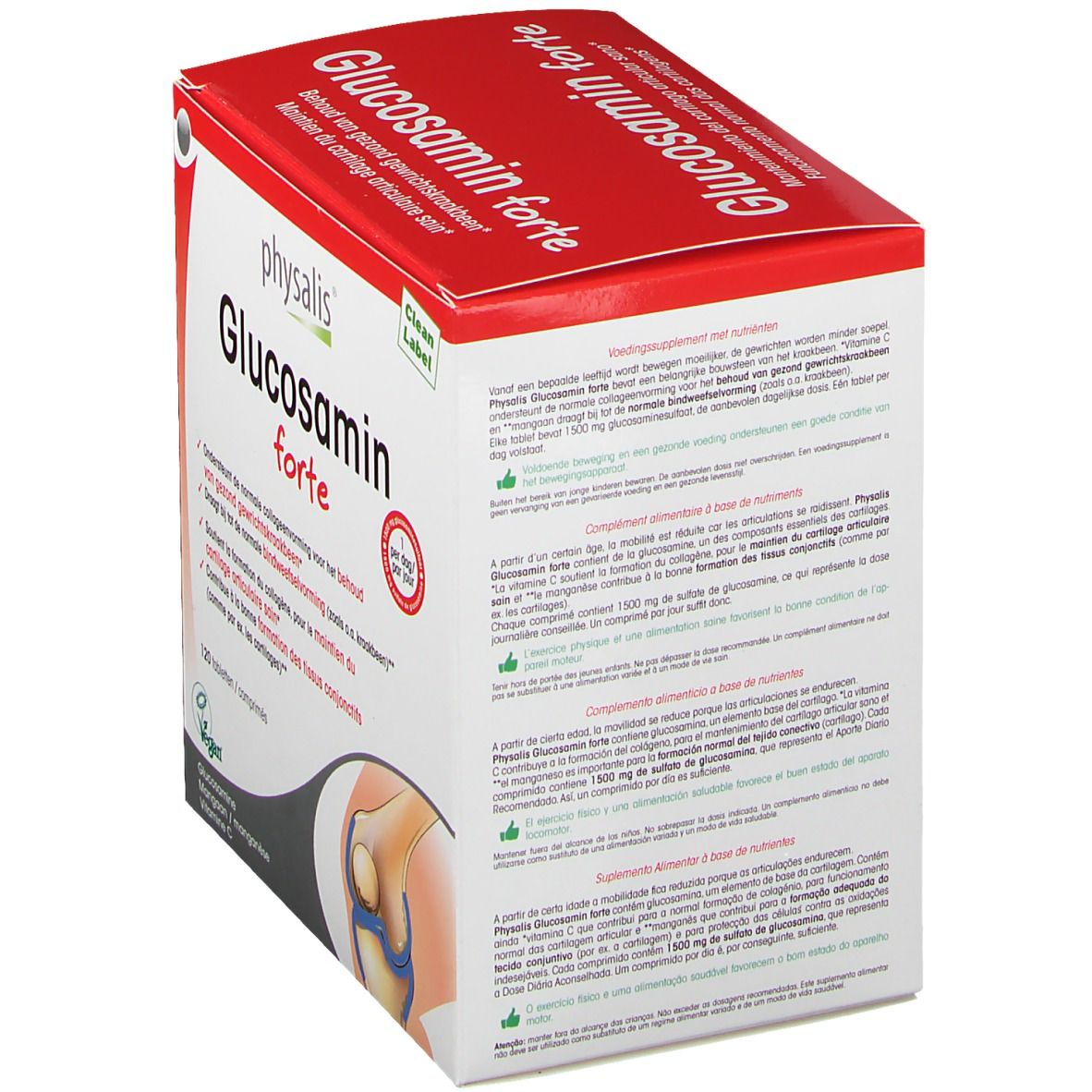 Emballage Keypharm Glucosamin forte. Vue latérale avec texte multilingue. Contient des informations sur les ingrédients et le dosage.