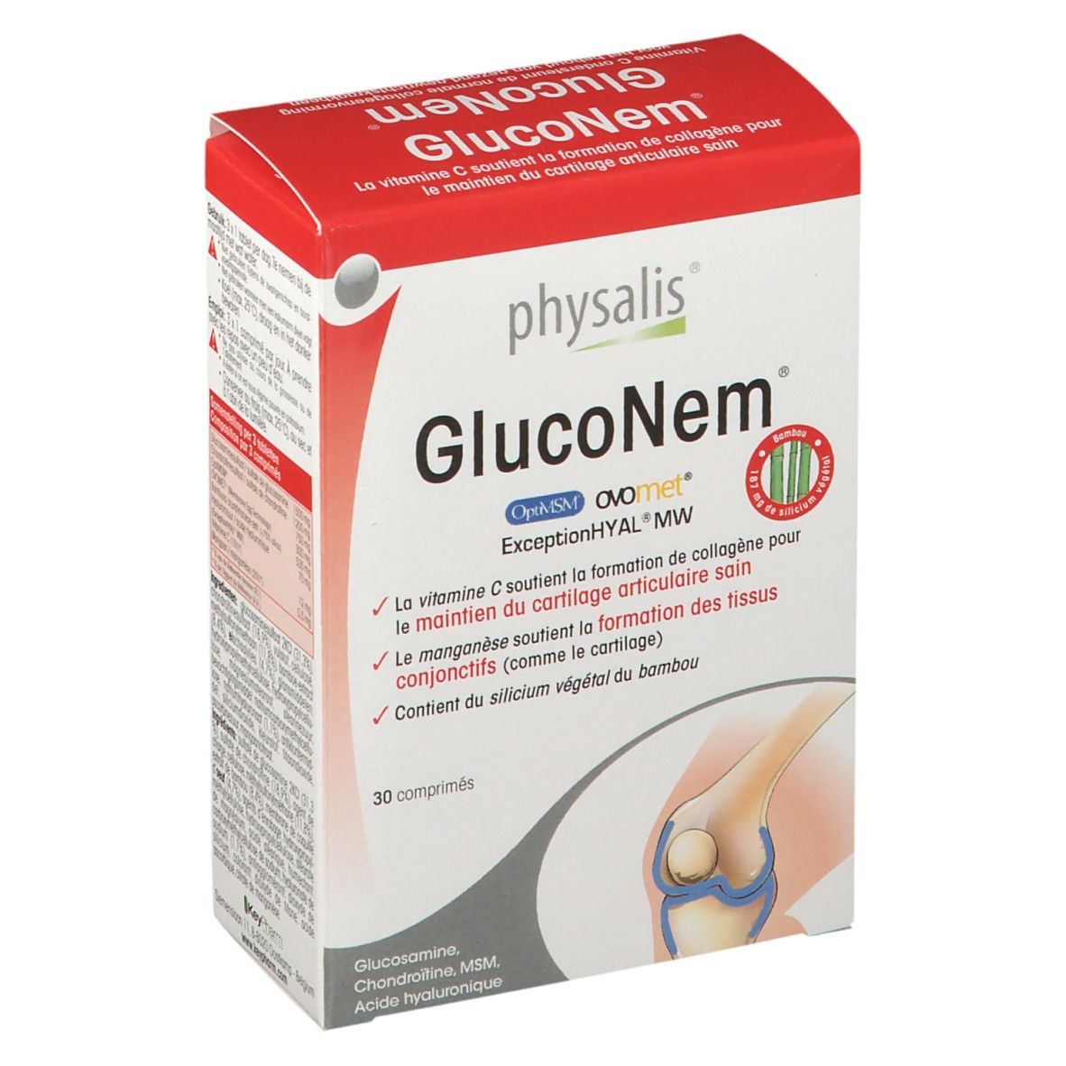 Emballage Physalis GlucoNem. Boîte rouge et blanche avec nom du produit et informations. Illustration d'une articulation.