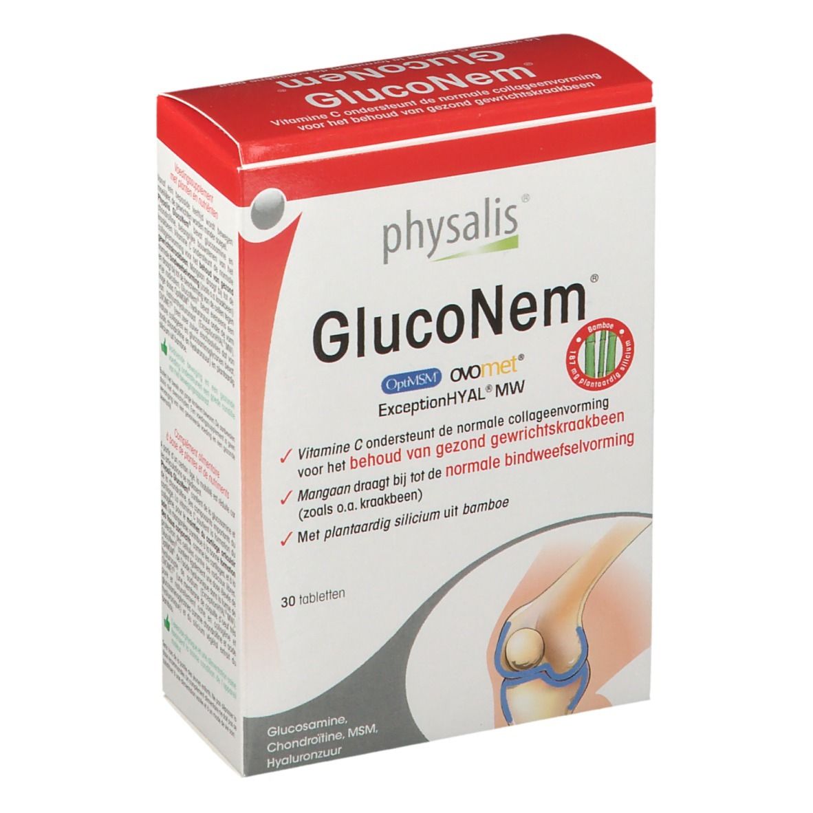 Verpakking van Physalis GlucoNem. Rode en witte doos met productnaam en informatie. Illustratie van een gewricht.