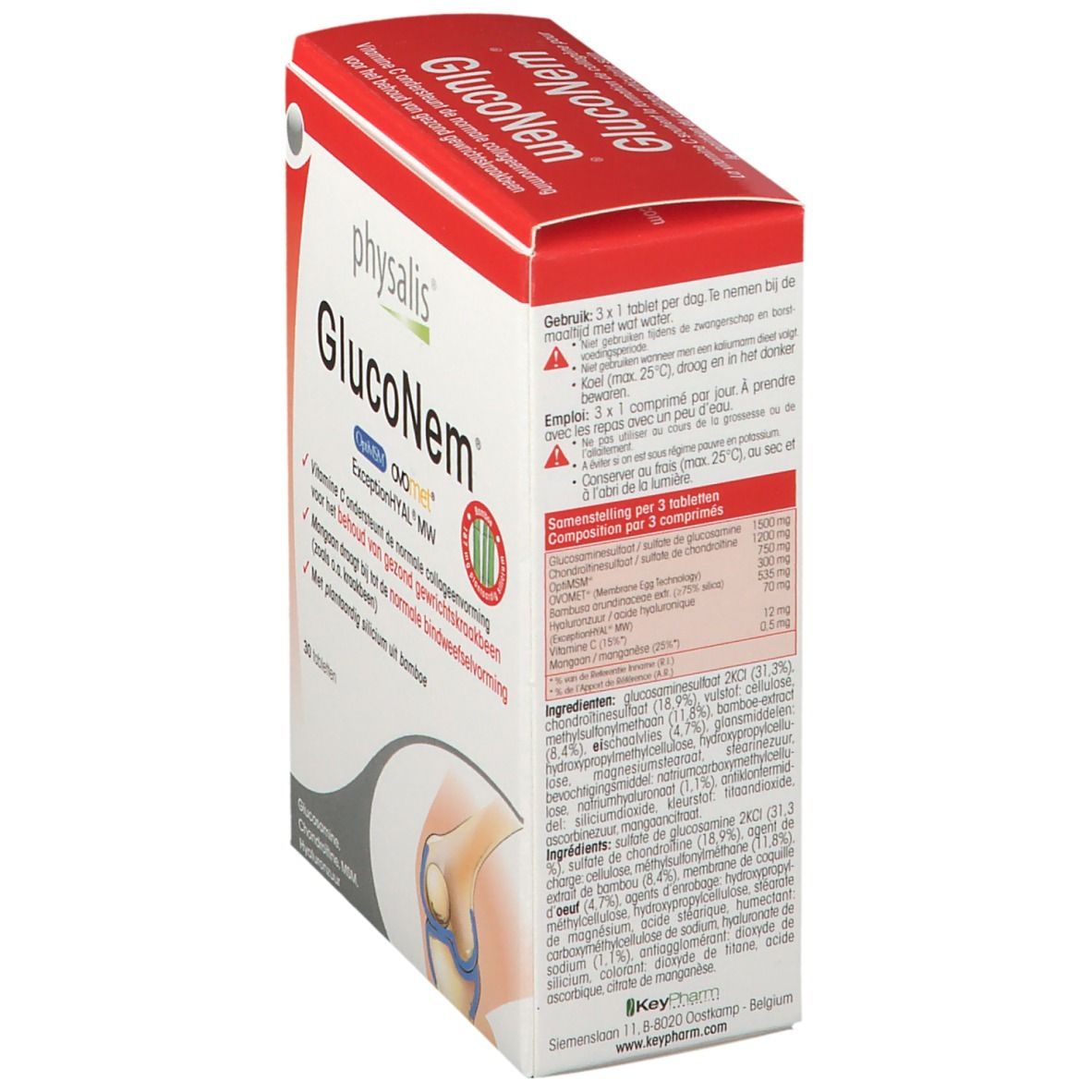 Zijaanzicht van de verpakking van Physalis GlucoNem. Bevat informatie over ingrediënten en dosering. Rode en witte doos.