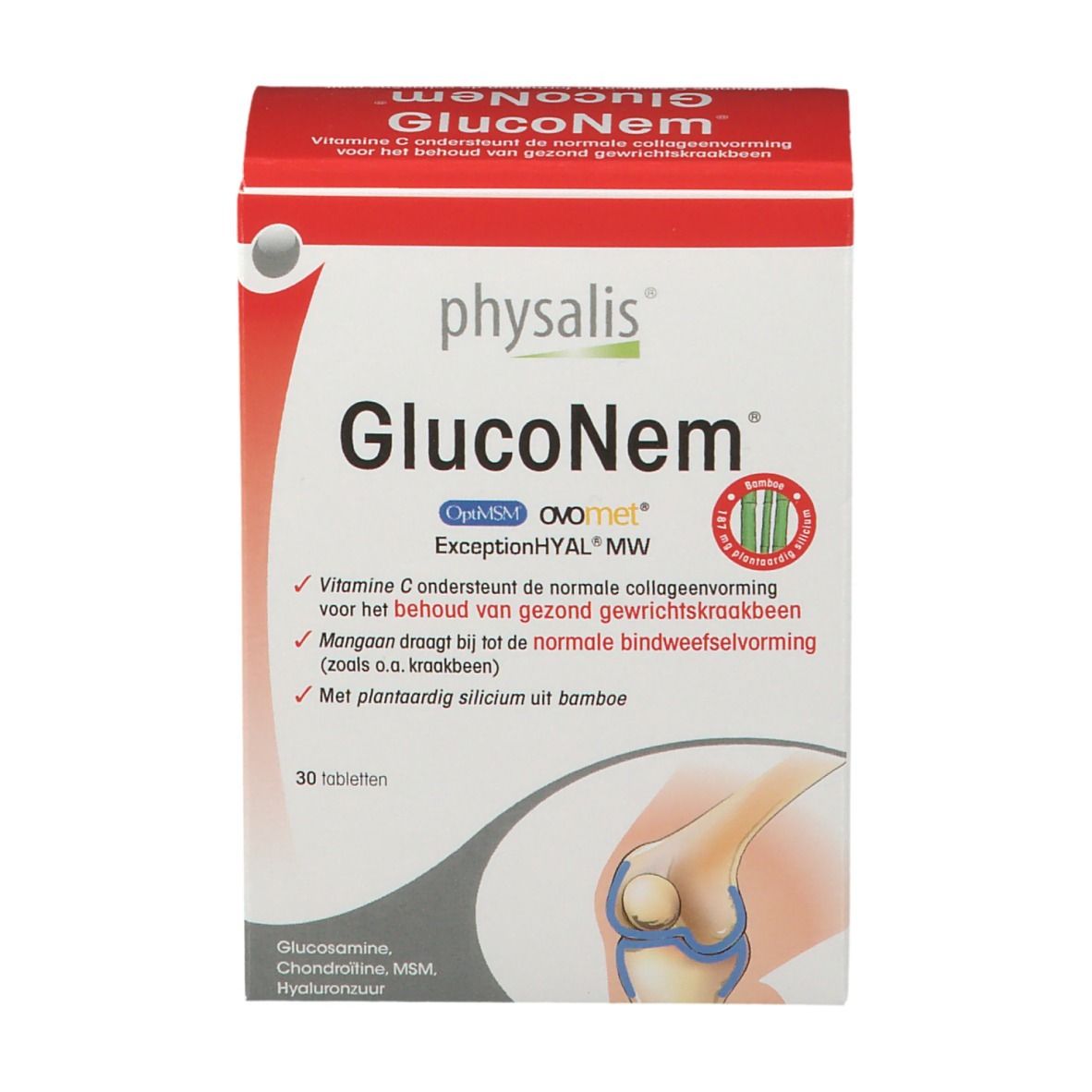Verpakking van Physalis GlucoNem. Rode en witte doos met productnaam en informatie. Illustratie van een gewricht.