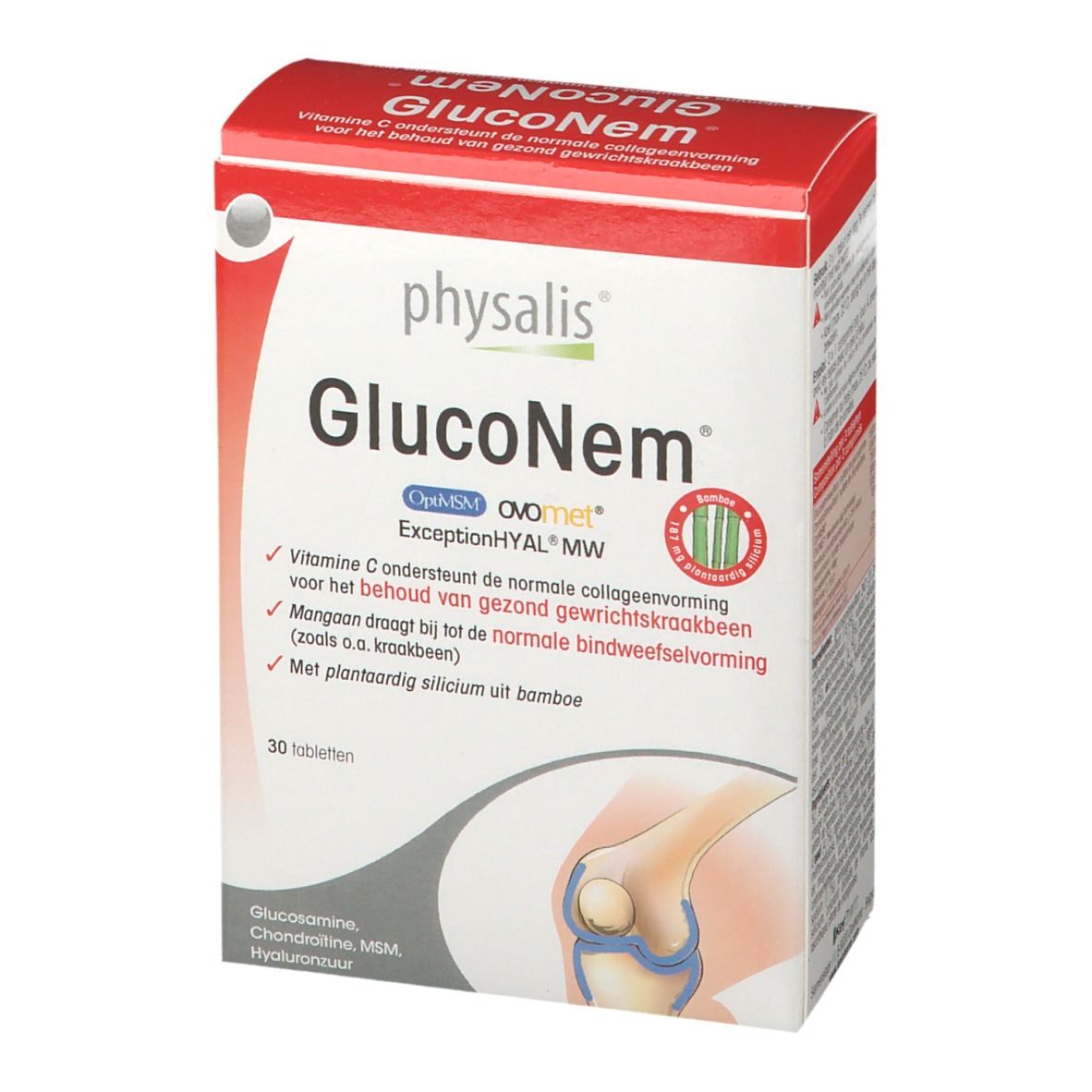 Verpakking van Physalis GlucoNem. Rode en witte doos met productnaam en informatie. Illustratie van een gewricht.