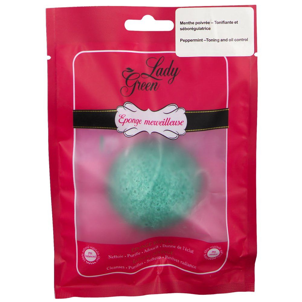 Groene spons in rode verpakking. Opschrift: Lady Green, Eponge merveilleuse. Tekst: Menthe poivrée, Peppermint.