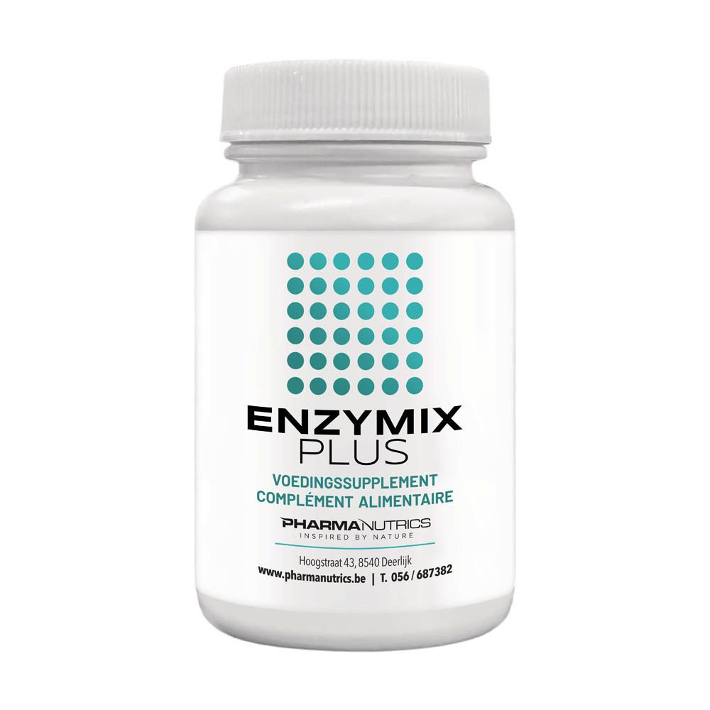 Witte fles met ENZYMIX PLUS. Turquoise rasterpatroon. Tekst: Voedingssupplement, Complément alimentaire. PHARMANUTRICS.