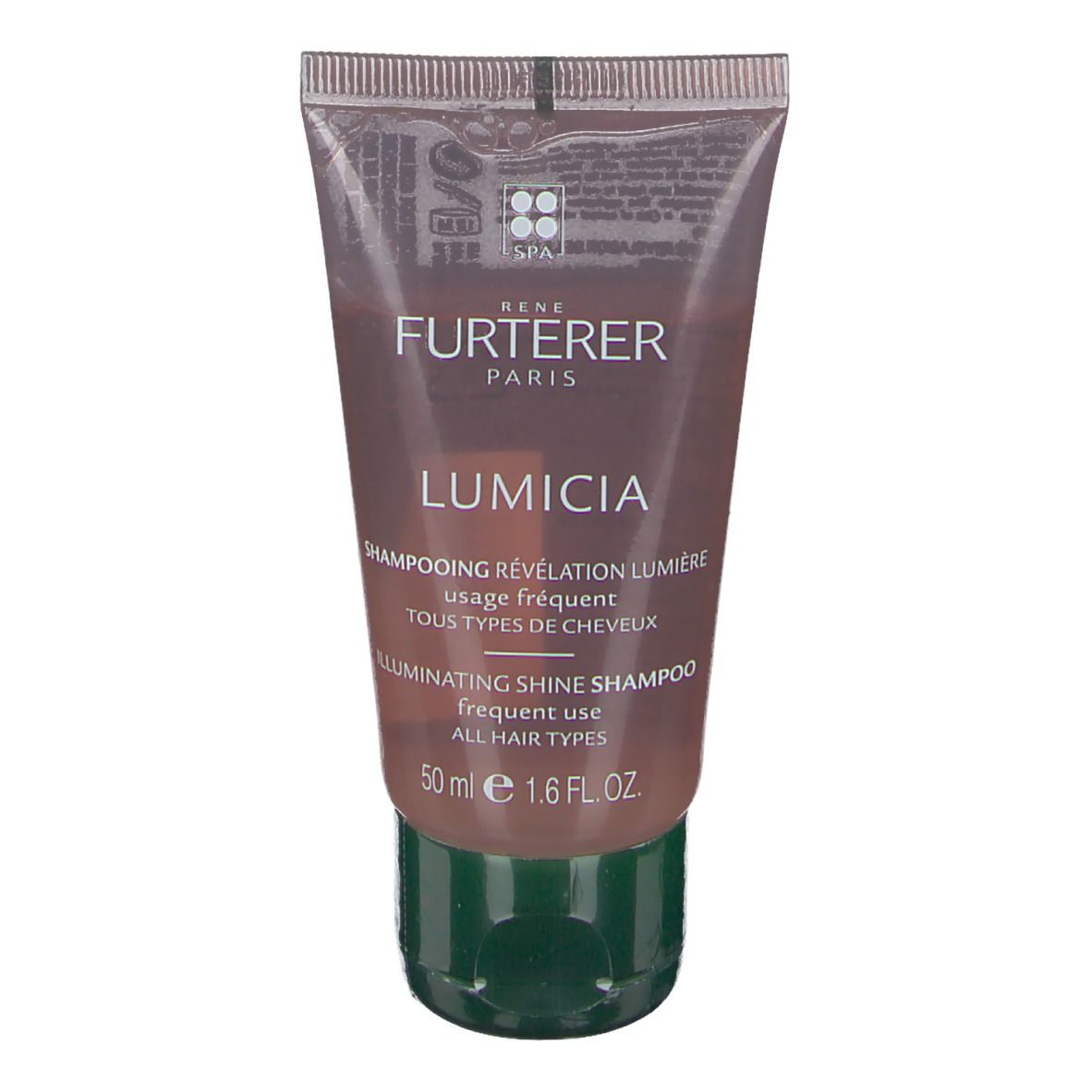Tube LUMICIA shampoo. Transparante bruine shampoo. Groene dop. Tekst: RENE FURTERER, LUMICIA, 50 ml.