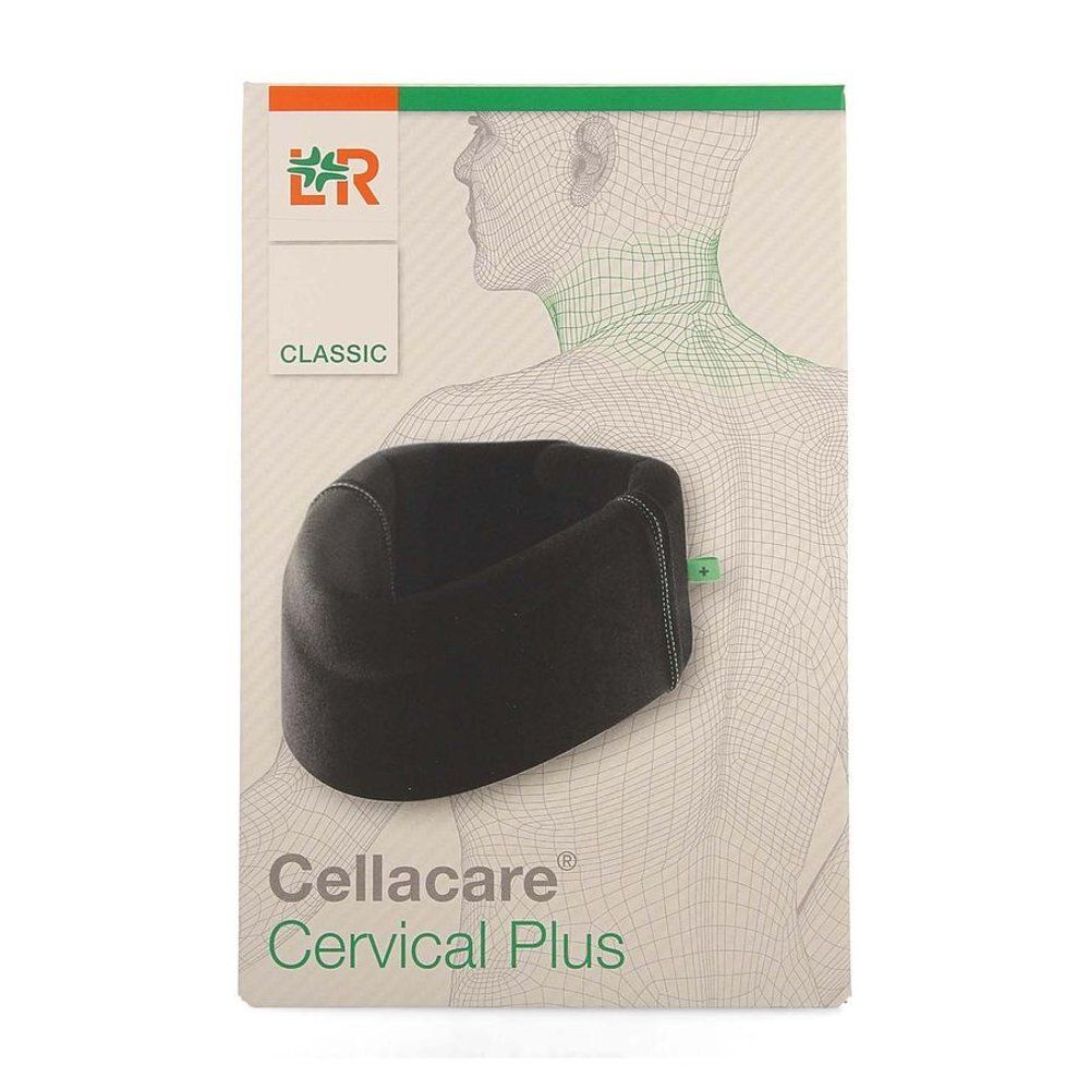 Verpakking Cellacare Cervical Plus. Zwarte nekkraag op illustratie van nek. Logo en tekst Cellacare Cervical Plus.