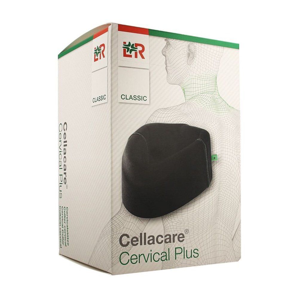 Collier cervical Cellacare Cervical Plus noir dans son emballage. Inscription: Cellacare Cervical Plus, Classic. Illustration d'un corps.