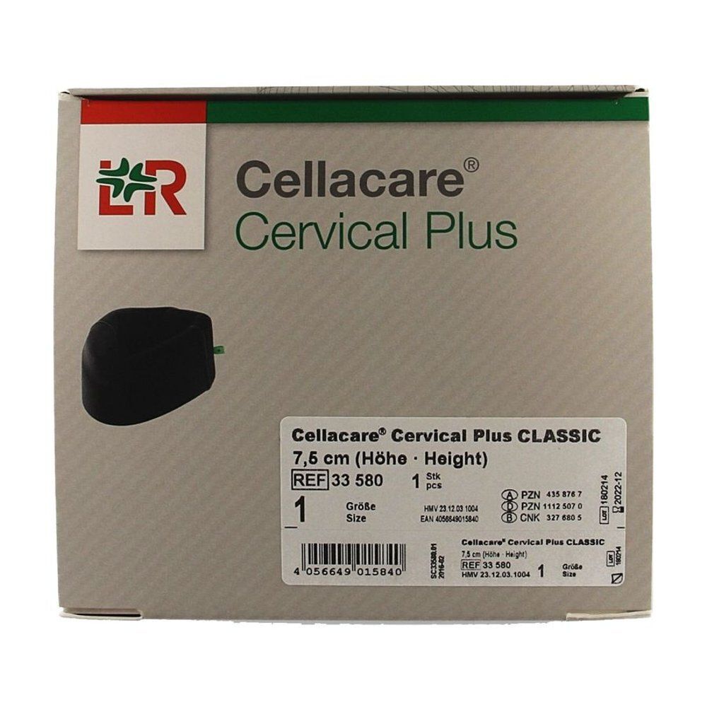 Verpakking Cellacare Cervical Plus Classic. Productnaam, maat, hoogte 7,5 cm. Opschrift: 1 stuk. Barcode en andere informatie.