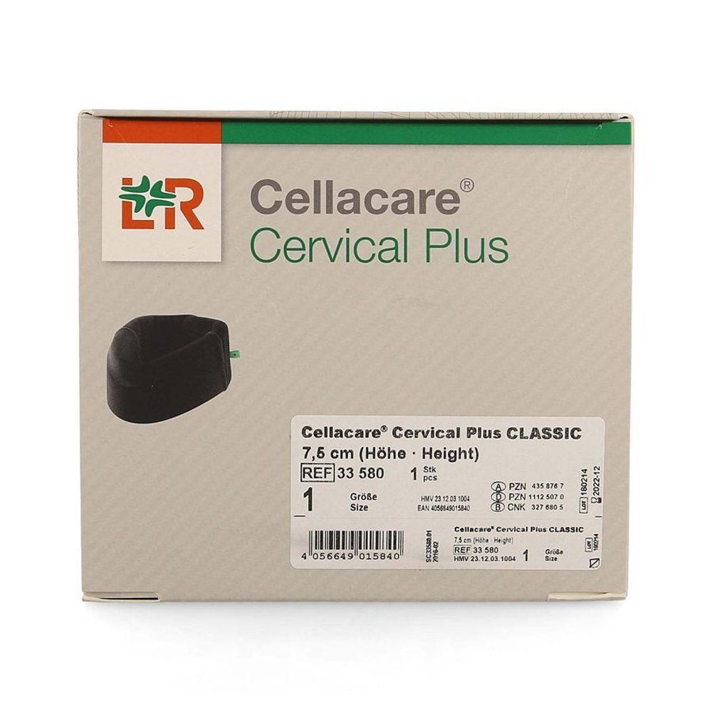 Emballage Cellacare Cervical Plus Classic. Nom du produit, hauteur 7,5 cm. Inscription: 1 pièce. Code-barres et autres informations.