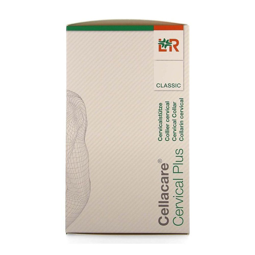 Verpakking Cellacare Cervical Plus. Opschrift: Cellacare, Cervical Plus, Cervicalstütze, Collare cervicale, Collare cervical. Illustratie van een nek.