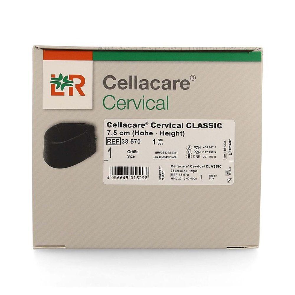 Cellacare Cervical Classic. Verpakking met nekkraag en productinfo. Hoogte 7,5 cm.