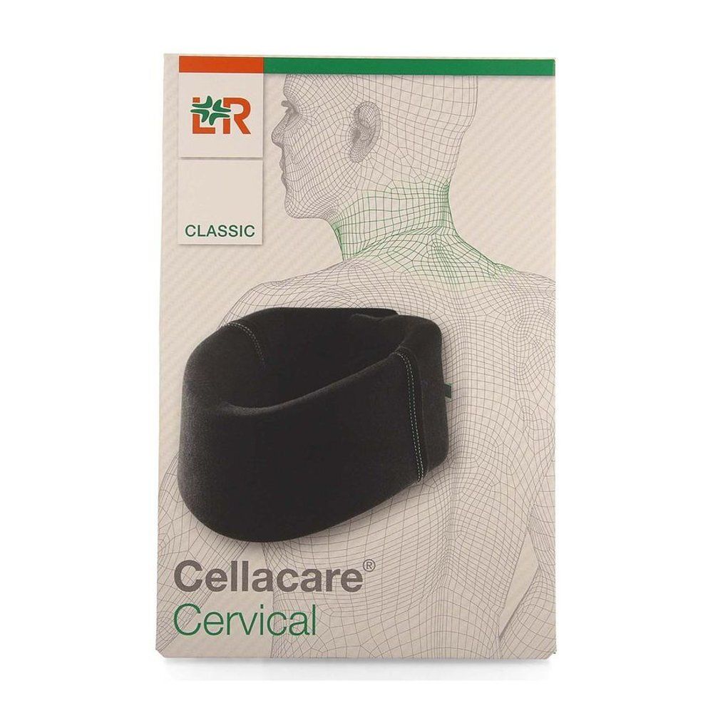 Cellacare Cervical Classic, zwart, afgebeeld op de verpakking. Halskraag voor schematische weergave van een nek.