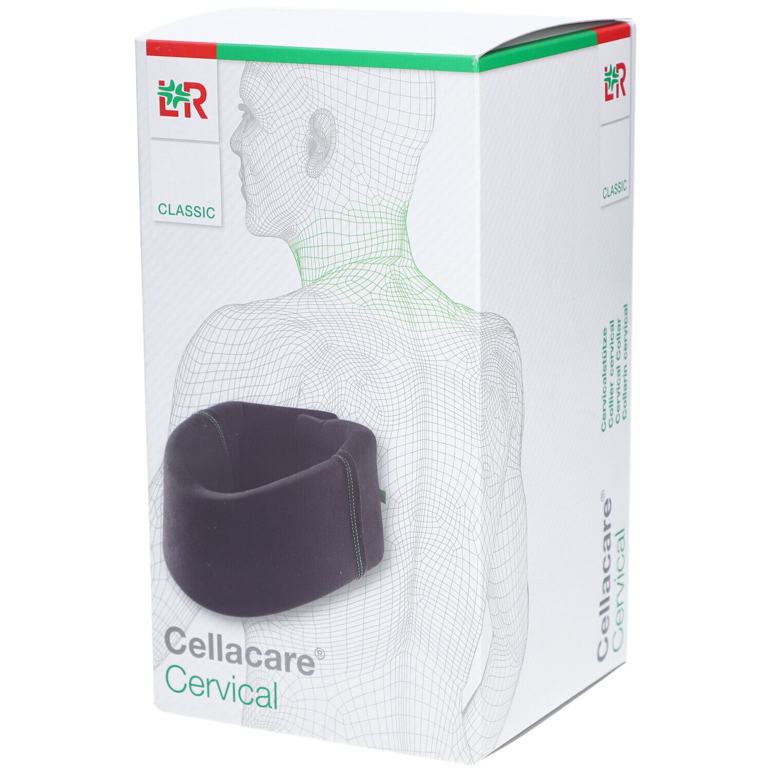 Cellacare Cervical Classic. Zwarte neksteun in verpakking. Logo en tekst Cellacare Cervical.