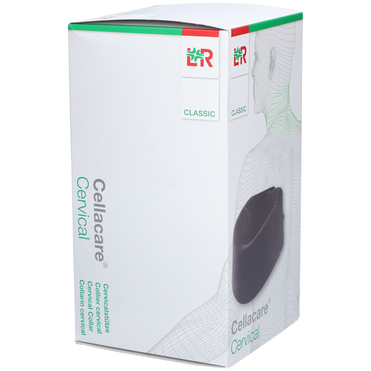 Cellacare Cervical Classic. Verpakking met neksteun. Tekst Cellacare Cervical en logo.