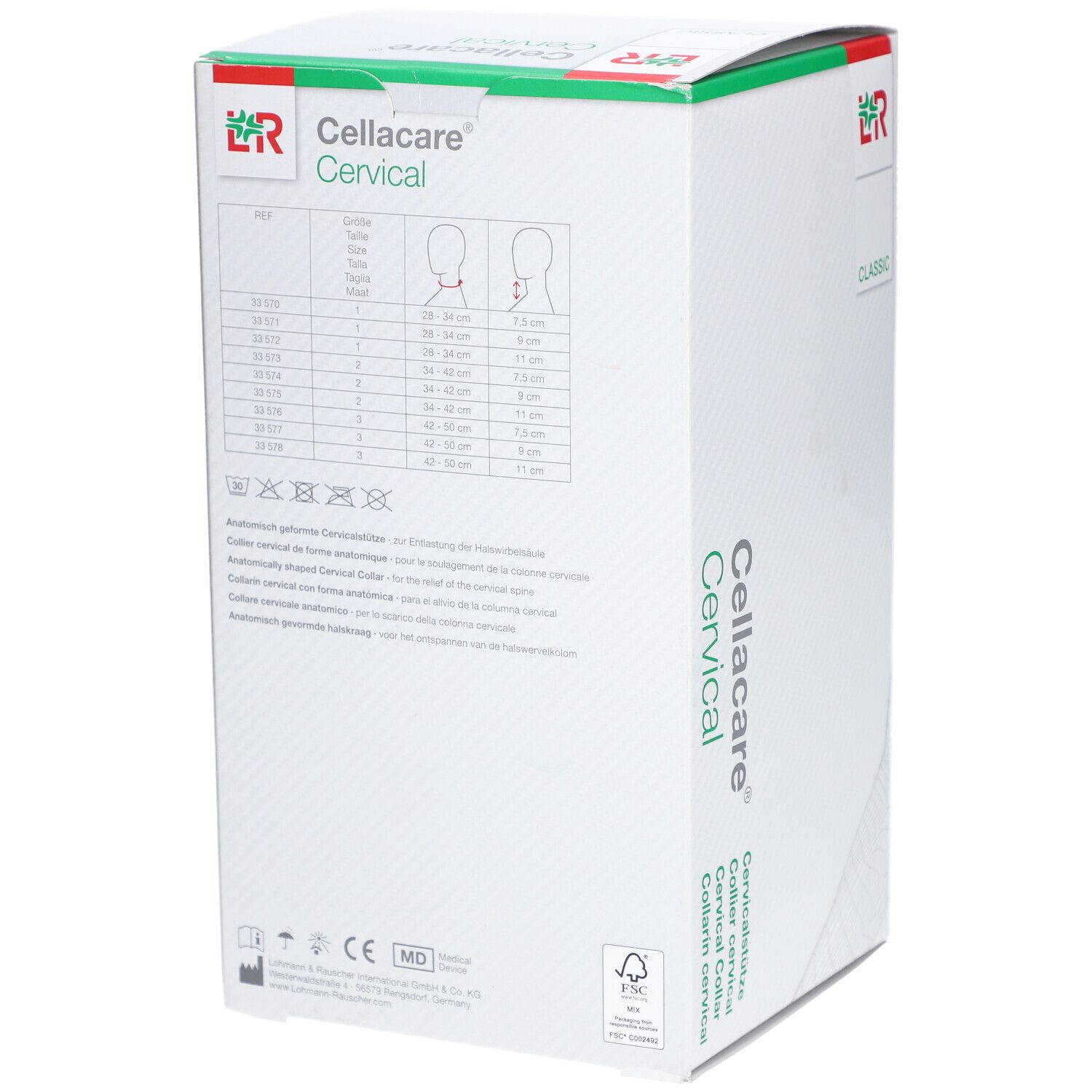 Cellacare Cervical Classic. Verpakking met maattabel. Tekst Cellacare Cervical en logo.