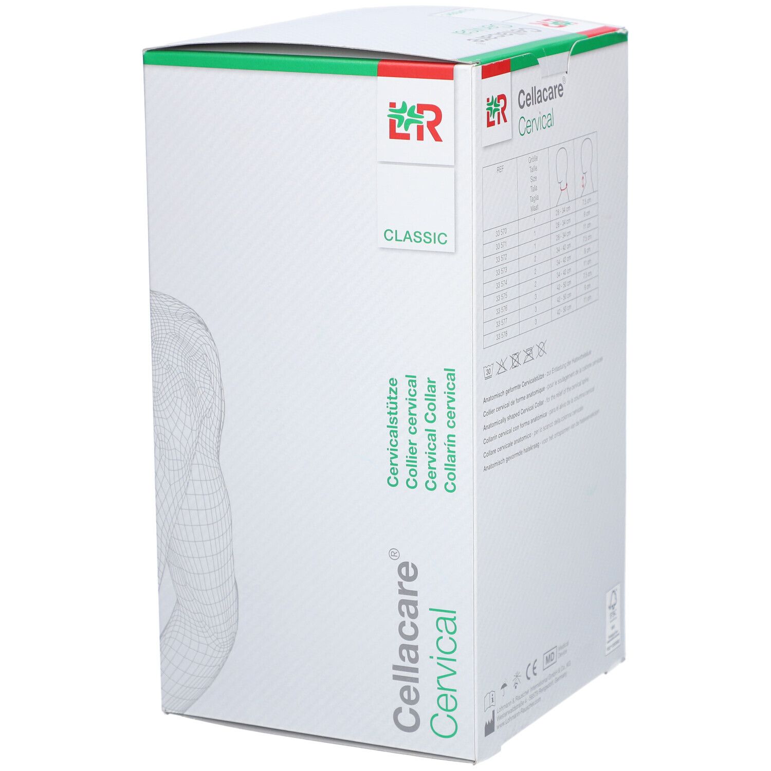 Cellacare Cervical Classic. Verpakking. Tekst Cellacare Cervical en logo. Tekst Classic.