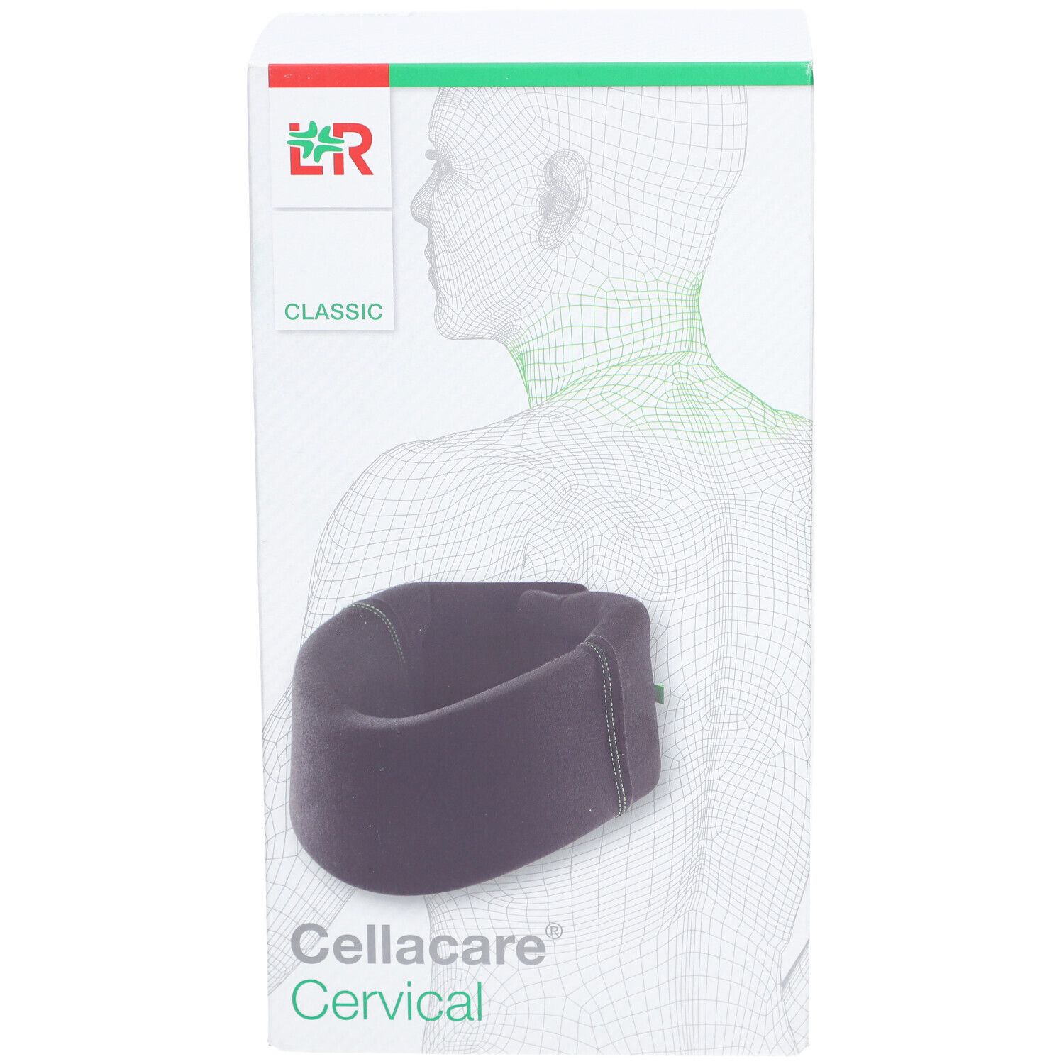 Cellacare Cervical Classic. Zwarte neksteun. Logo en tekst Cellacare Cervical. Classic.