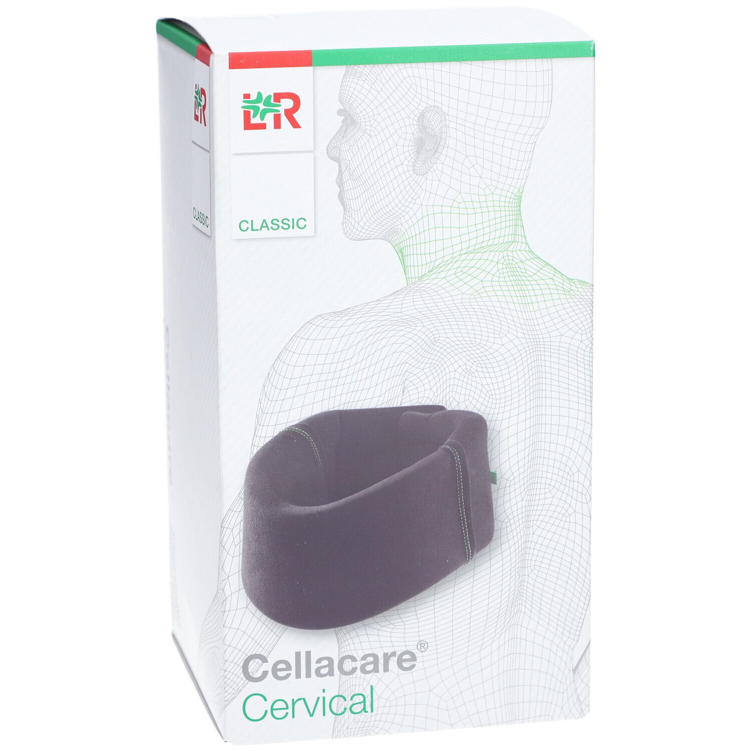 Cellacare Cervical Classic. Zwarte neksteun in verpakking. Logo en tekst Cellacare Cervical.