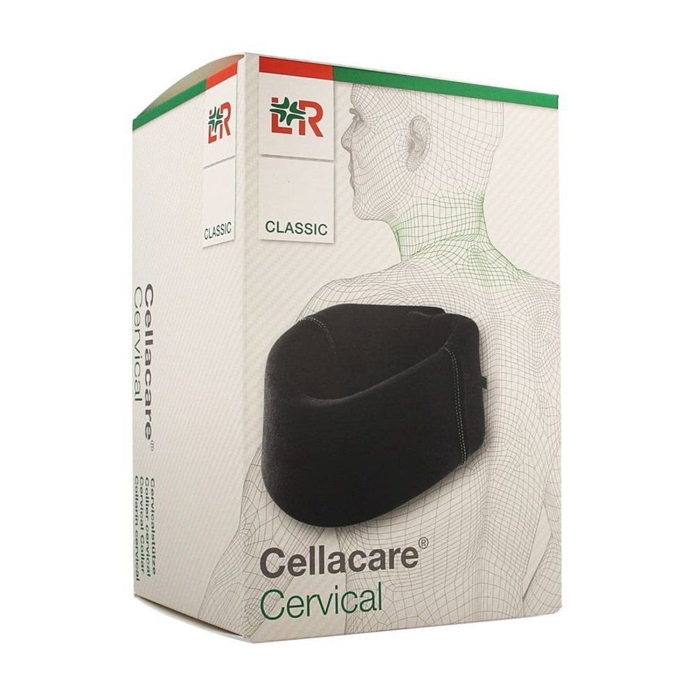 Zwarte Cellacare Cervical Classic nekkraag in verpakking. Productnaam en logo zichtbaar. Opschrift: Classic.