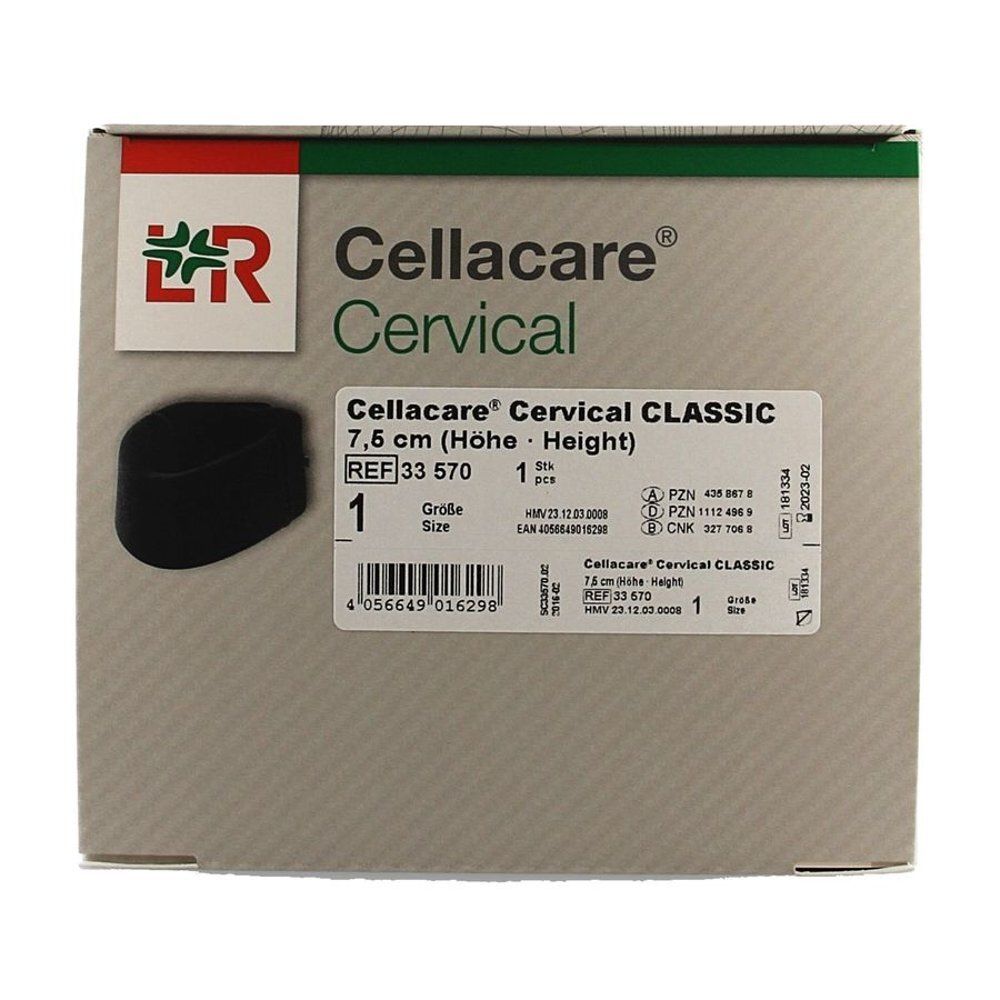 Verpakking Cellacare Cervical Classic. Productnaam, logo en maat 7,5 cm. Bevat 1 stuk. Barcode en referentie.