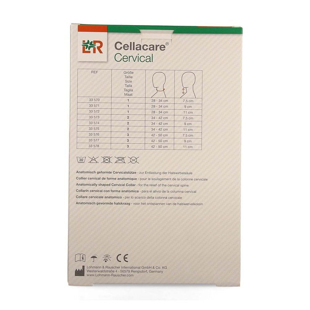 Achterkant van de Cellacare Cervical verpakking. Productnaam en logo zichtbaar. Maattabel en pictogrammen.