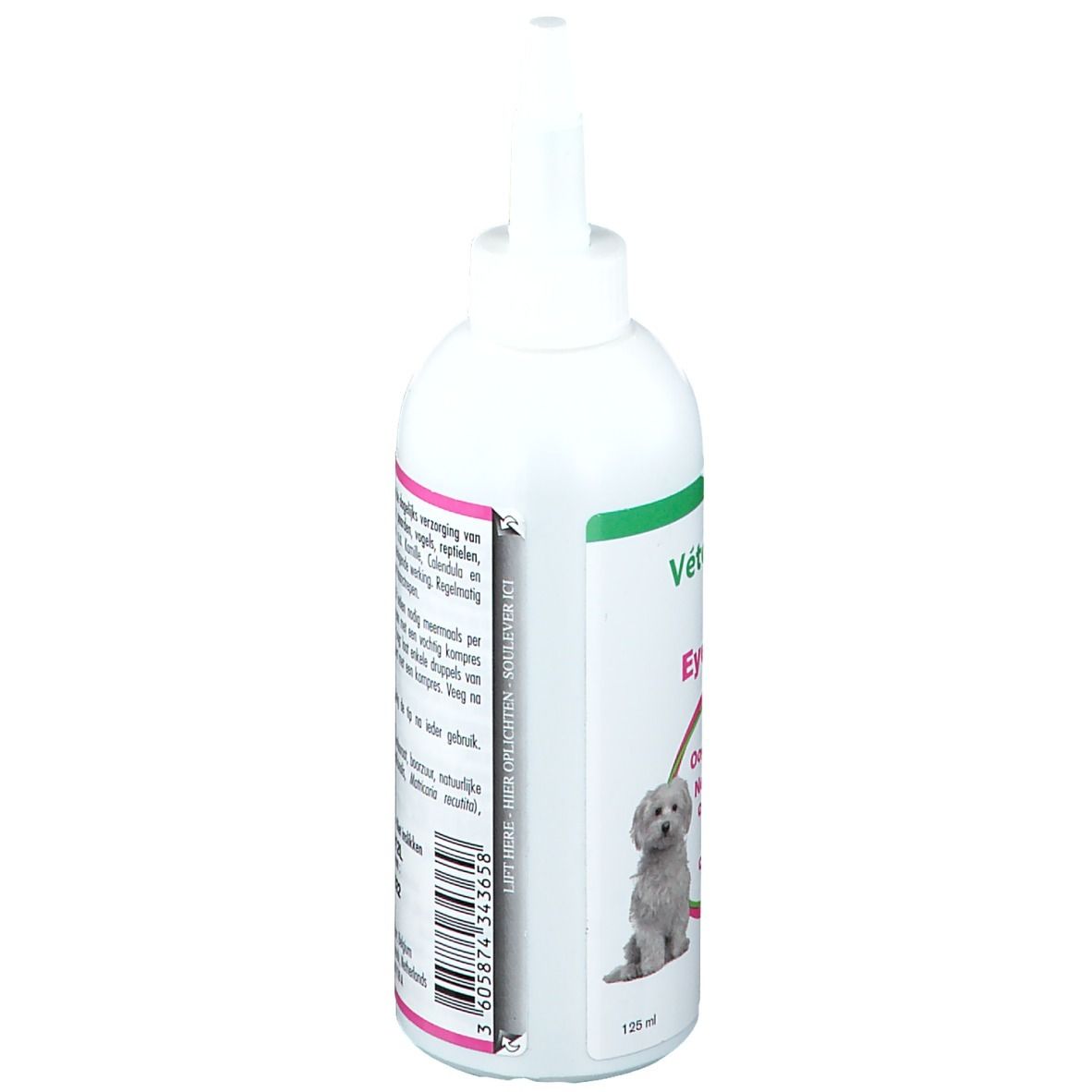 Flacon blanc, vue latérale. Texte et illustration d'un chien. Extraits de texte en plusieurs langues. Indication de volume : 125 ml.