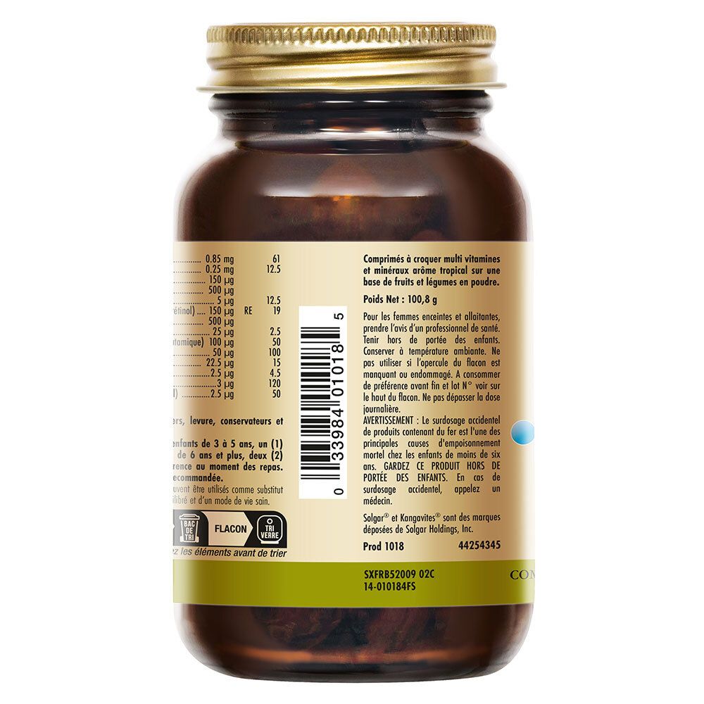 Achterkant van een bruine glazen fles. Etiket met voedingsinformatie en Franse tekst.